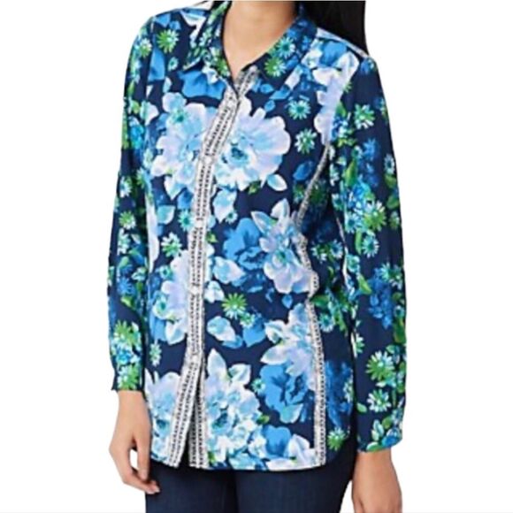 Bob Mackie Wearable Art Floral ButtoN DOWN blouse - Picture 1 of 14